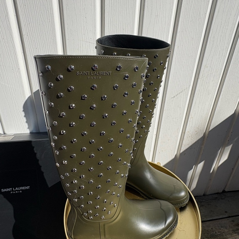 Saint Laurent Olive Studded Rain Boots